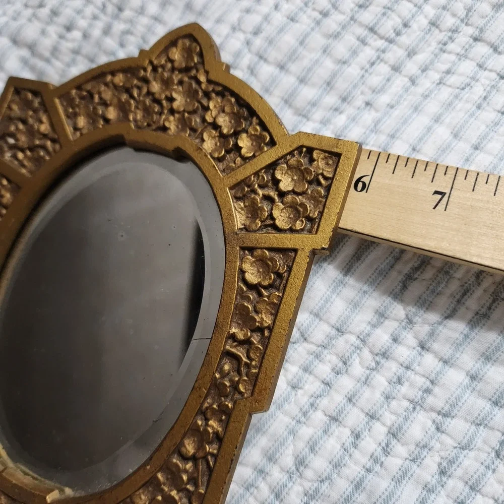 Vintage Gold Cast Metal Floral Tabletop Mirror Ornate Beveled Oval Easel 9432